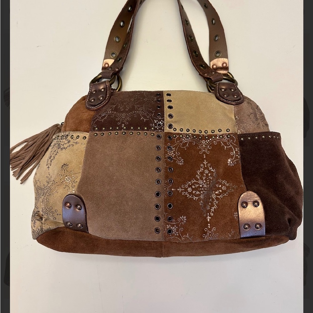 Patchwork Leather Handbag - Brown and Tan
